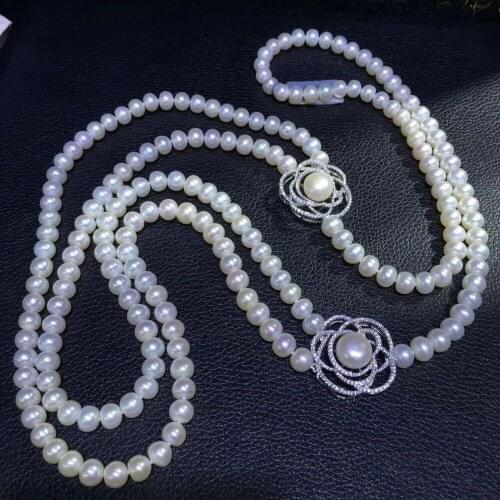Fine jewelry long fresh water pearl necklace cultured 80CM 925 sterling silver flower necklace fine women jewelry