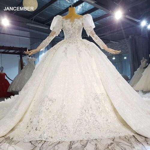 HTL2206 Long Sleeve Elegant White Wedding Dress Applique Print Pattern 2021 New Lace Long Trailing Backless Gown