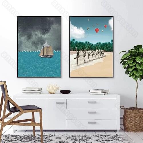 Nordic Style Canvas Painting Poster Seaside Scenery Beach Ship Blue Sea and Sexy Dancing Women for Home Room Gallery Wall Decora