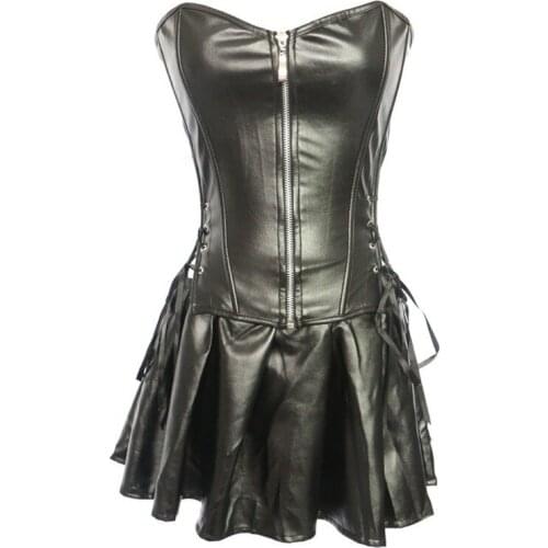 S-6XL Plus Size Lingerie Women Black Faux Leather Burlesque Steampunk Corset Dress Gothic PVC Corset Vest Bust