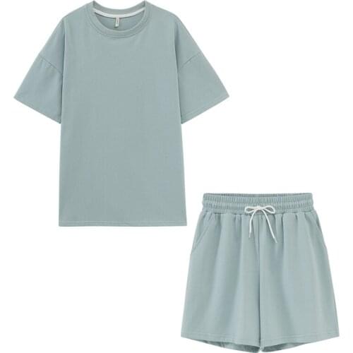 Summer Sportswear Ladies Two-piece Casual Clothing Cotton Oversized T-shirt High Waist Shorts Candy Color Loose Shorts Suit 2021
