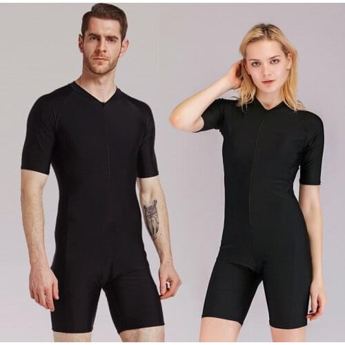 Mens Womens Basic Front Zip Dive Skin Athletic Training One Piece Swimsuit Swimwear Bathing Suit Short Sleeve Sun Protection