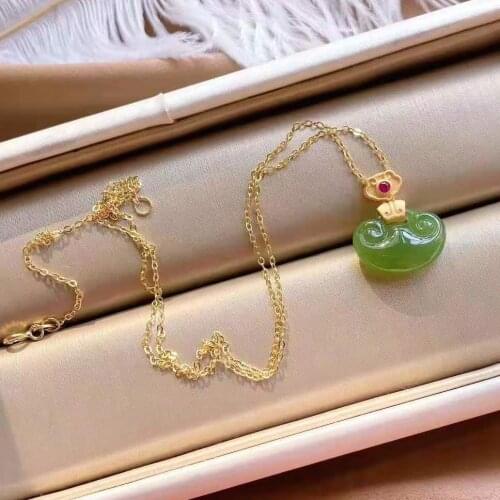 Natural Hetian Jade Green Jade Xiangyun Lock of Good Wishes Pendant S925 Sterling Silver Jade Necklace Birthday Gift Baby Orname