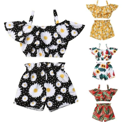 Toddler Baby Girl Clothes Outfits Off Shoulder Ruffled Flower Strap Crop Top + Elastic Band Shorts 2021 New Fashion