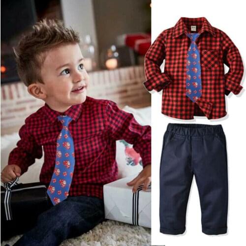 2-9Y Newborn Baby Boy Christmas Clothes Sets Plaid T-shirt Tops+Tie +Long Pants Outfits Formal Set