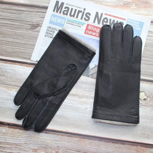 Bickmods Mens Fashion New deerskin hand-stitched straight style Black And Dark Brown Color Wool Lining Genuine Leather Gloves