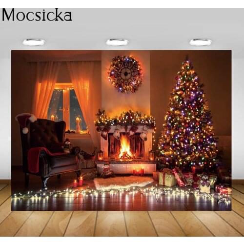 Mocsicka Christmas Backdrop Christmas Tree Lights Fireplace Sofa Photo Background Family Party Baby Child Portrait Photo Studio