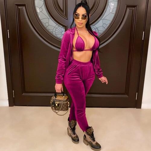 Sexy Christmas Velvet 3 Piece Set for Women Matching Sets Hoodies Coat + Bra+ Pants Suit Party Night Club Outfits Ensemble Femme