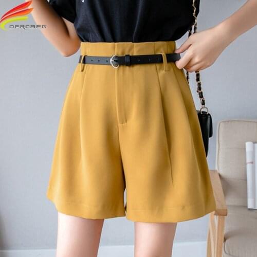 New 2021 Summer Wide Leg Shorts For Women Red Yellow Or Black High Waist Short Shorts Free Belt Korean Style Casual Short Femme