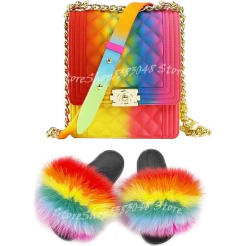 Summer New Fashion Women Fur Slides Colorful Fox Fur Slippers Vogue Jelly Bag Quality Chain Shoulder Bag Small Square Handbag