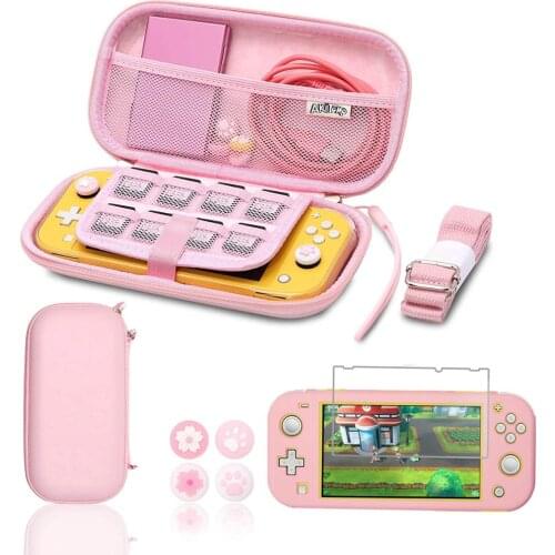 For Switch lite Pink Sakura Carry Case Protective Bundle Bag Water-Proof Thumb Grips Screen Protector Wrist Strap and Shoulder