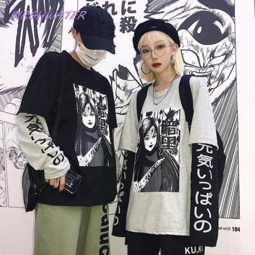 Harajuku Sweatshirt Women Patchwork Unisex Pullovers Japanese Anime Print Comics Jumpers Fake 2 Pieces Woman Streetwear