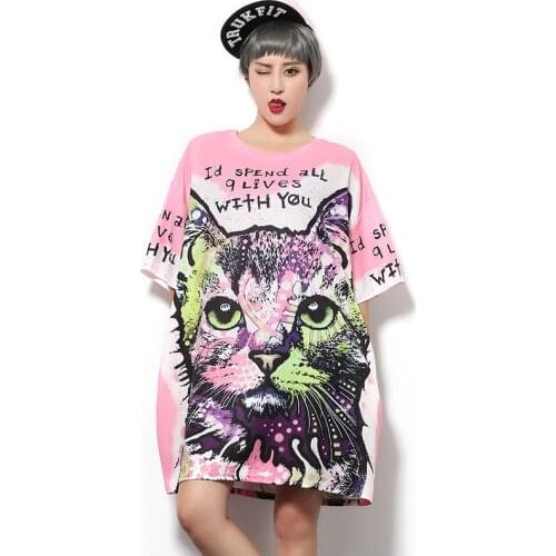 2016 New Fashion Harajuku Pink Letters T shirt for Women Cat Printing T-shirt Loose Tee Shirt femme Cartoon tshirt 1625