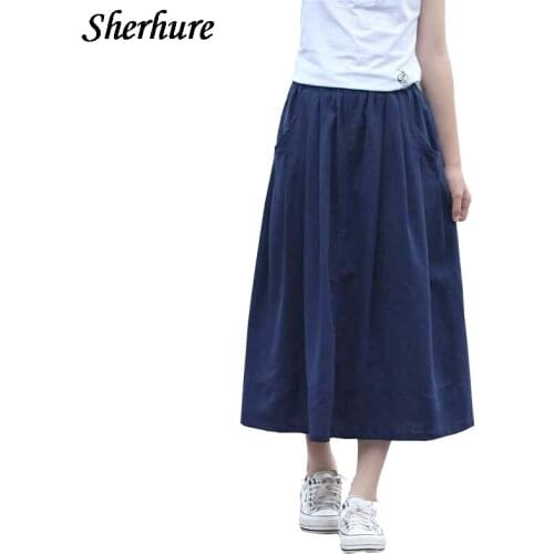 2020 Summer Skirt Women Cotton Linen Vintage Women Midi Skirts Elastic High Waist Pleated Skirts With Pocket Solid Faldas Saias