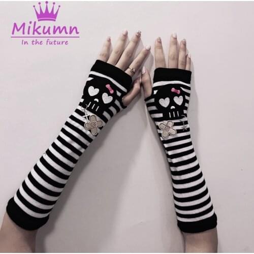 Harajuku Punk Women Long Fingerless Gloves Gothic Fashion Skull Striped Long Arm Gloves Warmer Knitted Mittens