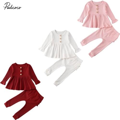 2020 Baby Spring Autumn Clothing Newborn Infant Kid Baby Girl Knit Striped Solid Tops Ruffle Leggings Pants 2pcs Ribbed Outfit