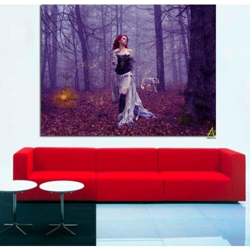 HD Print Beautiful Sexy Girl in Purple Forest Landscape Canvas Painting for Wall Picture for Living Room Poster Cuadros Decor