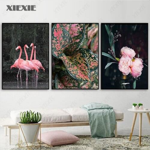 Pink Flamingo Canvas Painting Flower Green Plants Quote Wall Art Nordic Posters and Prints Wall Pictures for Living Room Decor