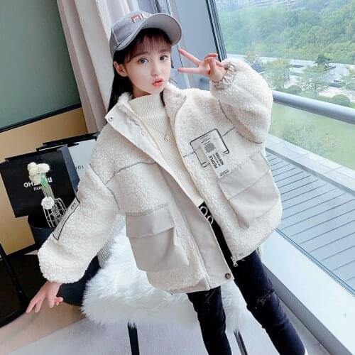 Girls Jacket 2021 Autumn Winter Warm Outwear Zipper Pocket White Velvet Windproof Coat Childrens Clothing 4-16 Years Old