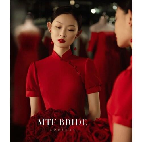Mantingfang [Cardamom] Toast Dress Bride Marriage Engagement Dress Womens Chinese Young Red Cheongsam Summer