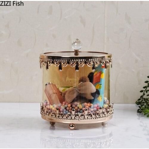 Nordic Crystal Glass Storage Box Storage Jewelry Box Transparent Candy Tray Jars Jewelry Dish Gold Powder Alloy Frame Home Decor