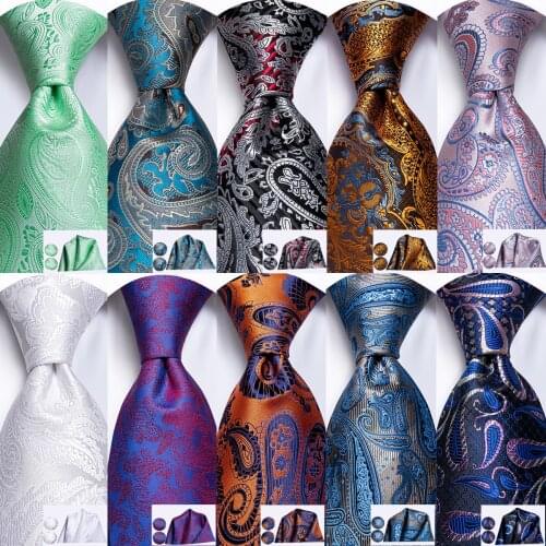 Hi-Tie Mens Tie Set Gold Paisley 100% Silk 8.5cm Wedding Ties For Men New Fashion Design Hanky Cufflinks Set Quality Necktie