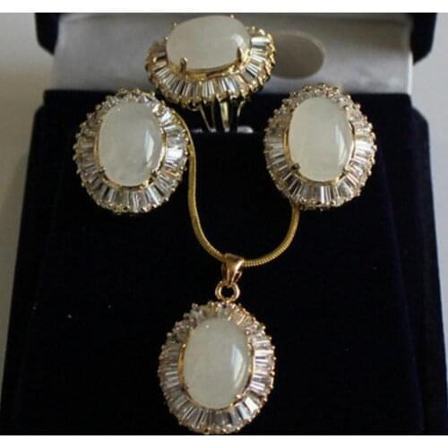 Excellent Jewelry White Zircon Opal Beads Pendant Earring Ring Set