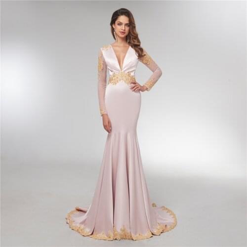 Real Photo Sexy Backless Mermaid Formal Dresses 2020 Long Sleeves V Neck Formal Prom Party Dresses Vestido De Festa