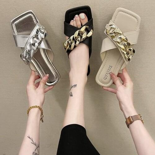 LAASIMI Women Summer Chain Slippers Square Toe for Ladies Outside Flip Flops Flat Peep Toe Woman Slides Female Solid Footwear