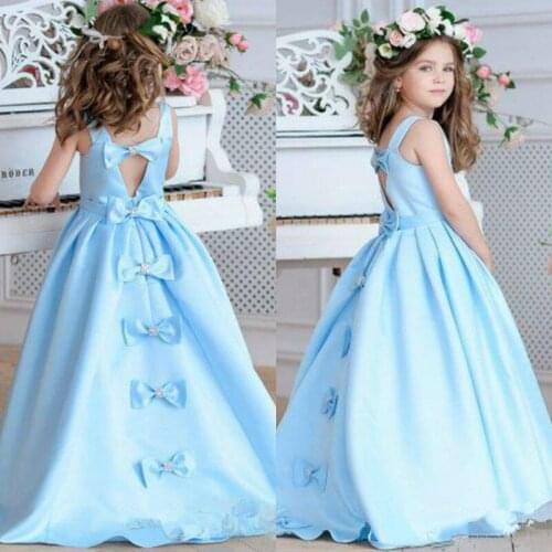 Blue Satin Beads Flower Girl Dresses For Wedding A-Line Princess Dresses Pageant Party Girl Dress With Bow