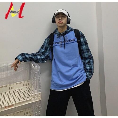 MANVALUE Men and Women Mock Two-piece Oversized Fashion Young Teenagers Lovers Grid Patchwork Letters Printing Hoodies