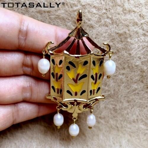 TOTASALLY Party Brooches for Women Enamel Flower lantern Spikes/Freshwater Pearl Chains Brooch Pins Costume Accessories Dropship