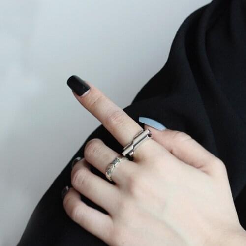 Retro distressed S925 sterling silver geometric ring female ins cold wind fashion wild Thai silver ring open ring jewelry