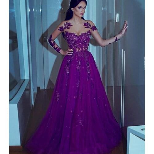 Gorgeous Custom Made Purple A Line Long Sleeves Women Prom Dress Evening Dresses Ball Gowns