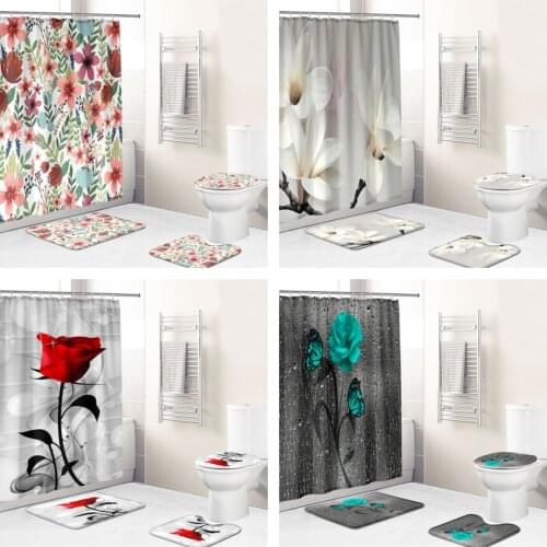 3D Printing Rose Plant Flowers Waterproof Fabric Bathroom Accessories Bath Curtain Cover Non Slip Carpet Bathroom Cover Bath Mat