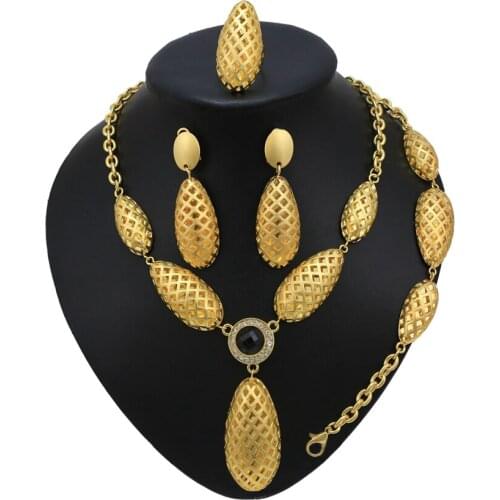 Yulaili Factory Custom Dubai Gold Jewelry Sets Luxury Crystal Black Opal Pendant Necklace Earrings for Women Wedding Party Gifts