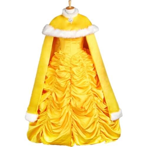 Girl And Beast Belle Yellow Dress With Cape Adult Women Princess Cosplay Costume Fancy Halloween Party Gown Dresses