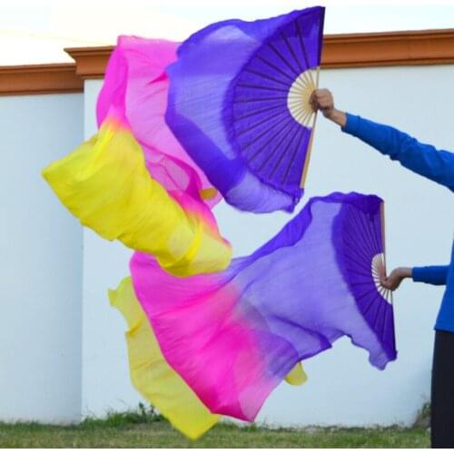 2016 High selling 100% Real Silk Veils 1 Pair handmade women Quality Silk Belly Dance Fan Dance purple rose yellow 180*90 cm