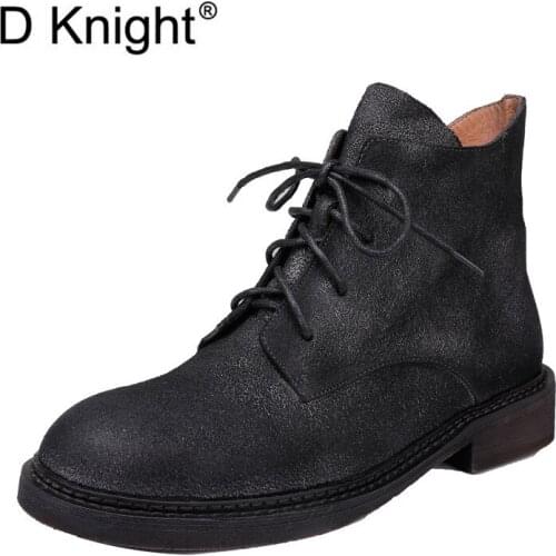 England Retro High Street Motorcycle Boots Women Shoes New Fashion Cowhide Soft Zippers Lace Up Western Woman Botas Mujer Shoes