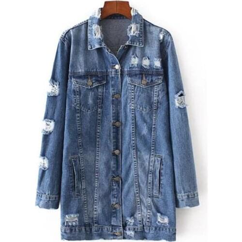 Spring Vintage Jean Women Trench Coat Turn Down Collar Loose Casual Hole Long Denim Coats Outwear