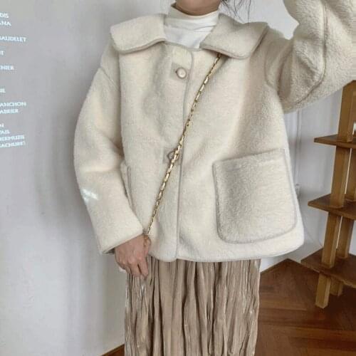 Women Autumn Winter Elegant Pocket Warm Faux Fur Coat Female Turn Down Collar Sweet Outerwears Ladys Thick Short Coats