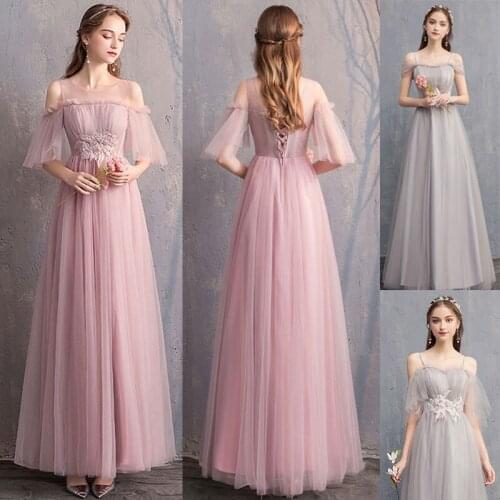 Beauty-Emily New Elegant V Neck Bridesmaid Dresses Appliques Beads Long Lace Up Back Tulle Women Party Gowns For Wedding Guests