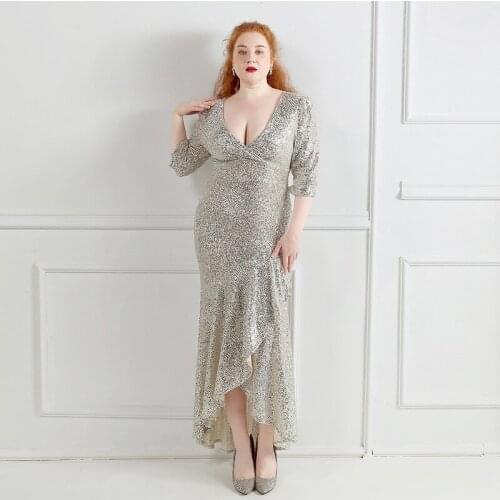 Evening Dress Deep V-Neck Sequins Half Sleeves Pleat Ankle-Length Elegant Empire A-Line New Plus Size Women Formal Gowns D1258