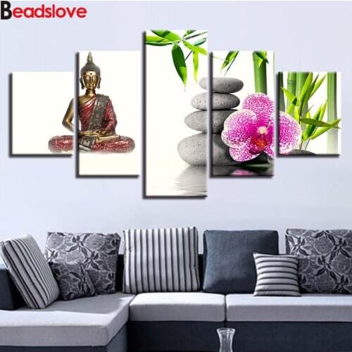 5Panels Full Square round 5D Diy Diamond Painting Bamboo Orchid Stone Buddha Zen Embroidery Mosaic Bedside Background