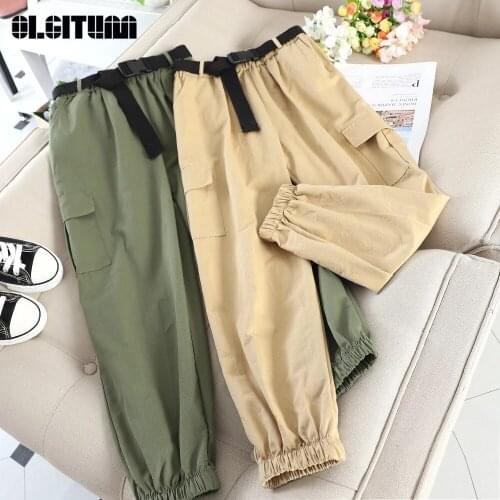 Harajuku Streetwear Casual Women Full Length Elastic Waist Pockets Belt Cargo Pants Hagh Waist Loose Trousers With Belt Female