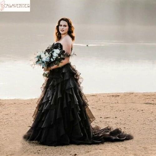 Black Ball Gown Tiered Ruffles Sweetheart Neck Tulle Wedding Dress with Sweep Train vestido novia Lace Up Back Weddig Gowns