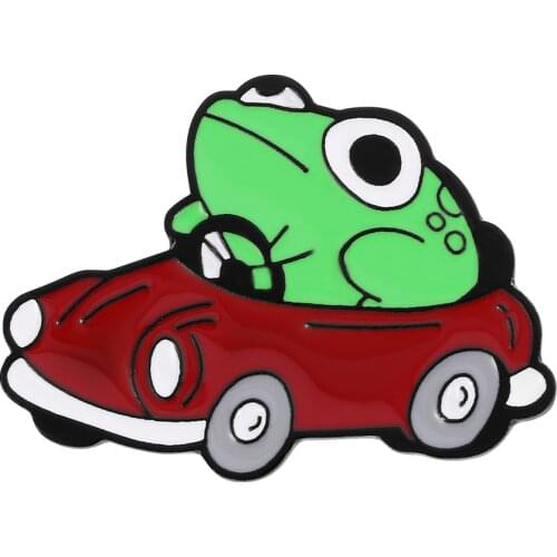 Frog Drive car Enamel Brooch Green Frog Drives Red Car Pins Fashion Creative Children Backpack Badge Jewelry Gifts