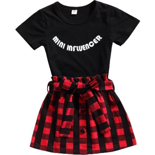FOCUSNORM 2pcs Infant Baby Girls Clothes Sets Letter Printed Pullover T Shirts Plaid Bandage A-Line Skirts Outfits 1-6Y