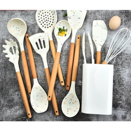 Wooden handle silica gel cooker 13-piece non-stick pan household kitchen utensils cooking spoon shovel set