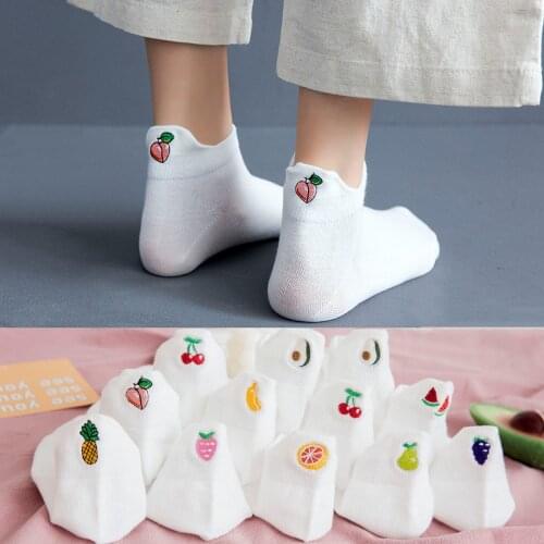 Fruits Embroidery Womens Socks Avocado Strawberry Watermelon Peach Banana Short Socks Casual Solid White Harajuku Ankle Socks